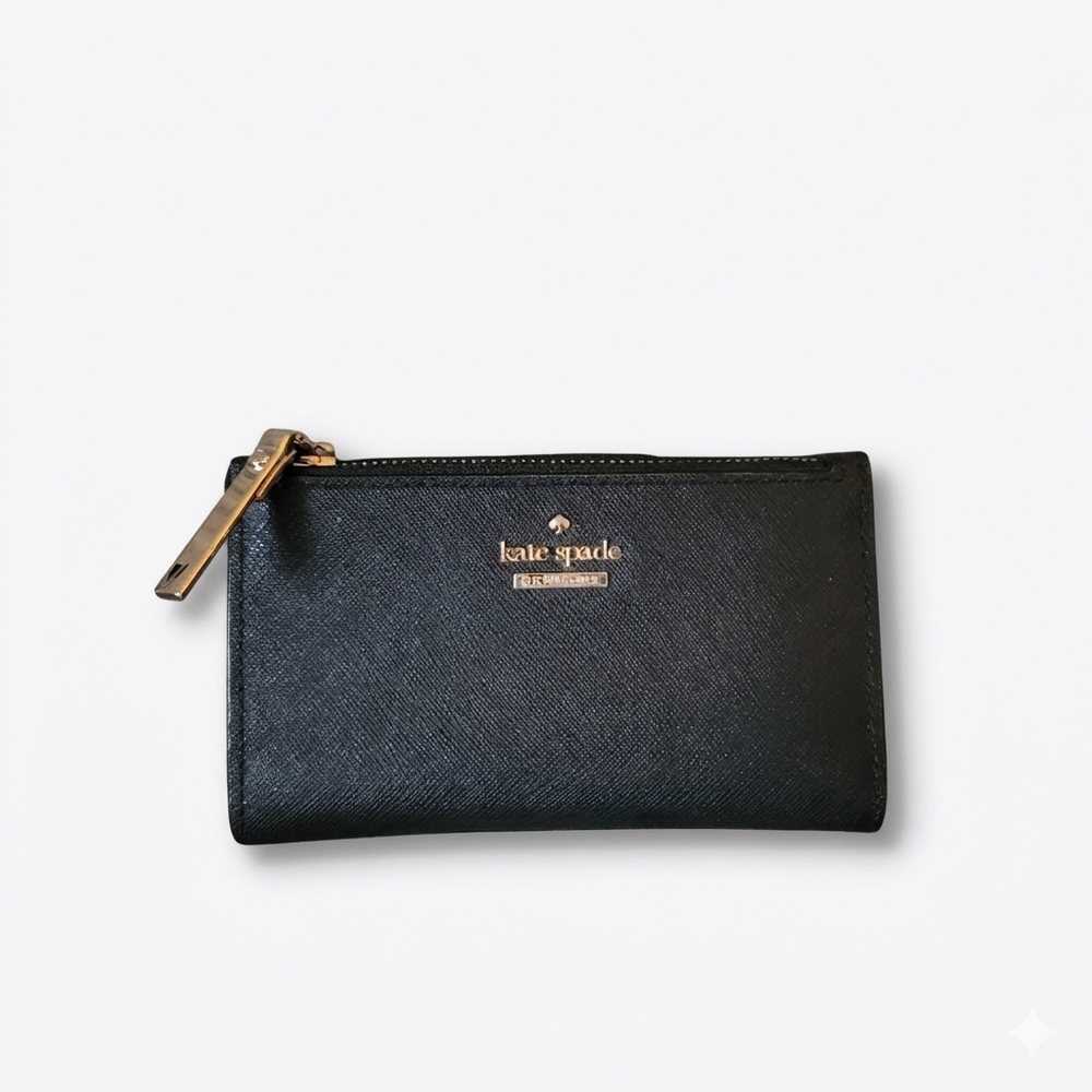 kate spade Black Saffiano Leather Zip Card Case with Gold Hardware
